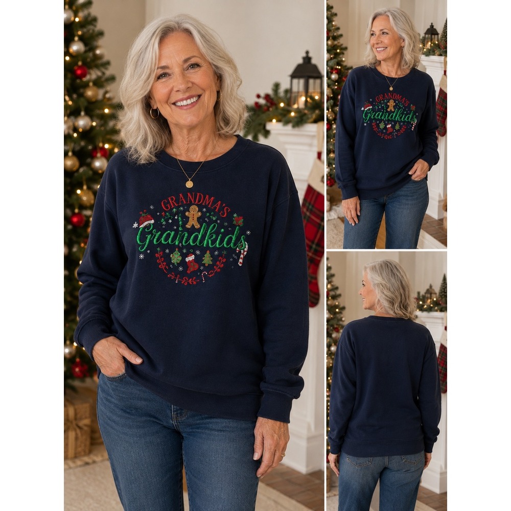 M.C. Sportswear Womens L Christmas Grandma Sweatshirt Navy Embroidered Holiday